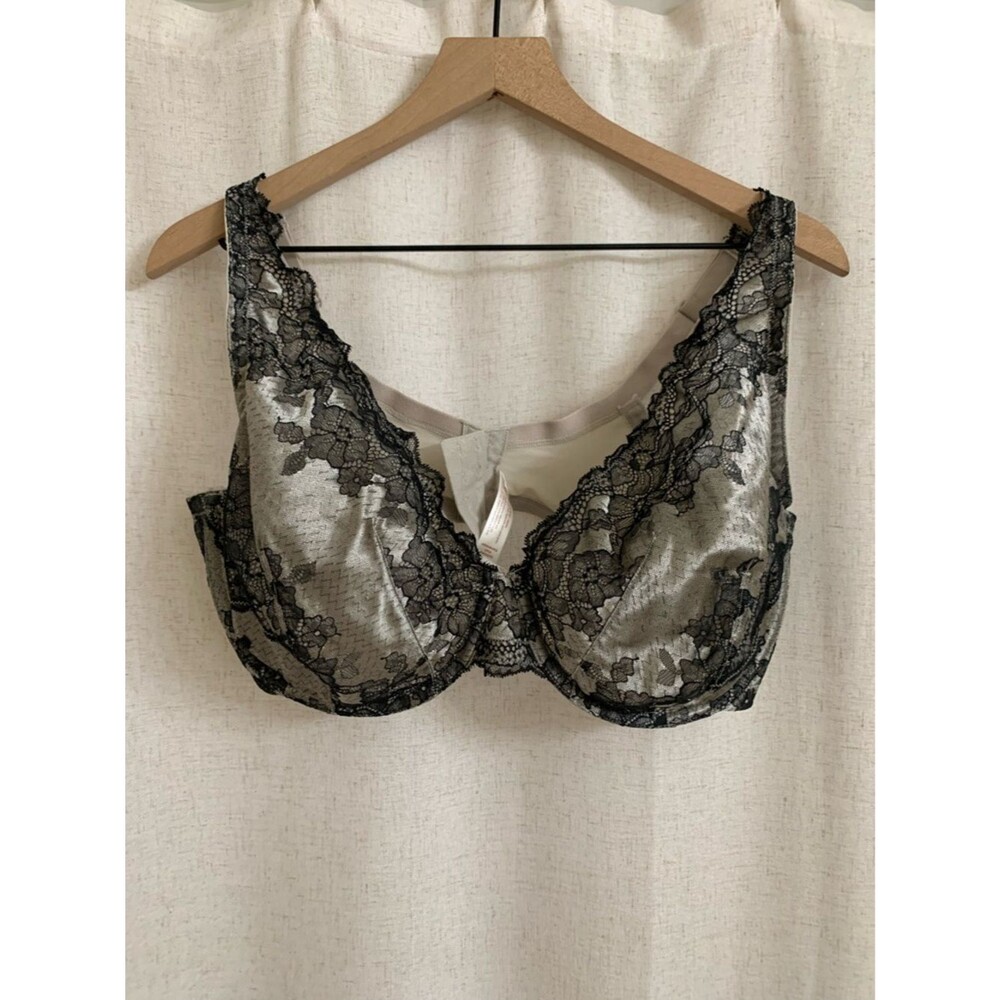CACIQUE 42DDD Lace-Trim Underwire Bra in Silver and Black